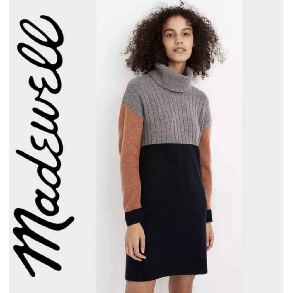 MADEWELL Colorblock Sweater Dress Turtleneck Work Medium Gray Navy Tan‎ Merino
